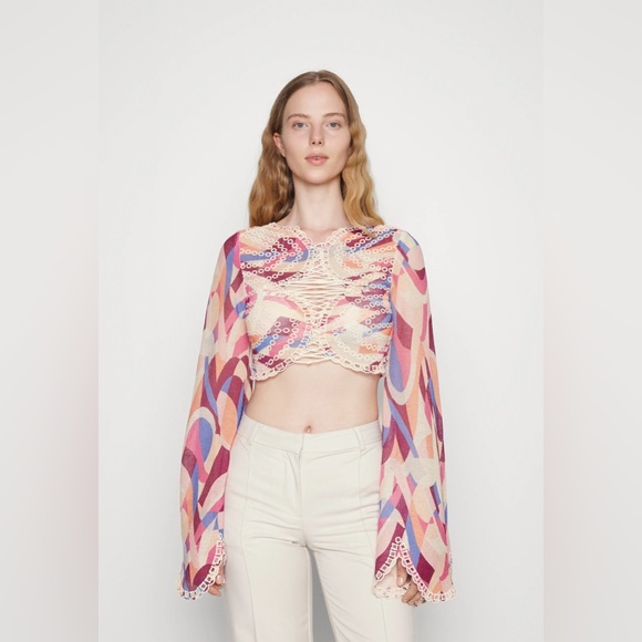 𝓯𝓹 Free People ~ Eyes on You Bell Sleeve Eyelet Mesh Crop Top - Picture 13 of 13